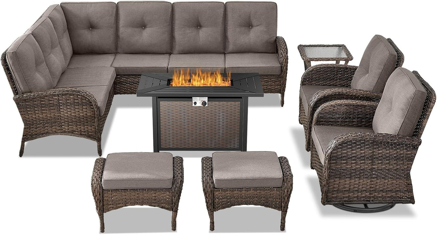 8 Pieces Patio Conversation Set with 43” Propane Fire Pit Table, Outdoor Sectional Furniture Sofa Set with Removable Cushions for Patio Deck Backyard Brown