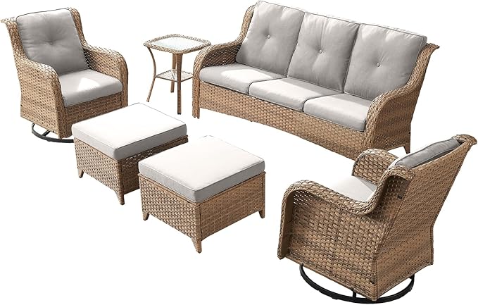 Outdoor Wicker Patio Furniture Set - 6 Piece Rattan Patio Conversation Set with 2 Rocking Swivel Chairs,2 Ottomans,1 Sofa and 1 Side Table for Porch Deck Backyard Garden(Yellow/Beige)