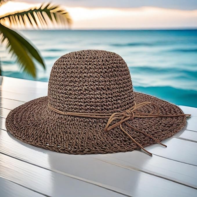 Womens Straw Beach Sun Hats, Foldable Packable Floppy Handmade Crochet Hats for Women,Large Summer Vacation Wide Brim Hat