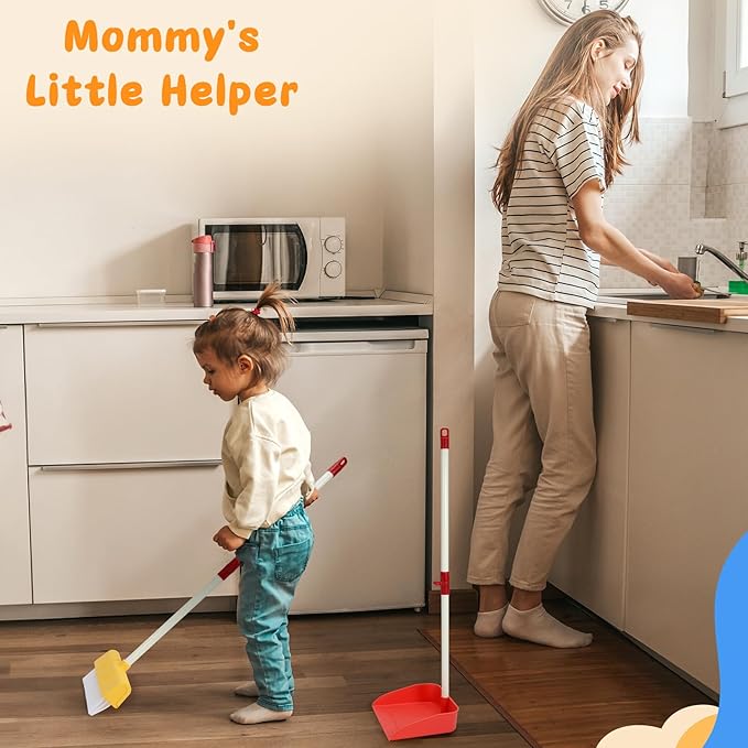 Kids Cleaning Toy Set Toddlers Broom Dust Pan Set for Housekeeping Pretend Play Cleaning Set, Cleaning Toys Gift for Toddlers Girls Boys Age 3-6 Years Old (2PCS - Red and Yellow Set)