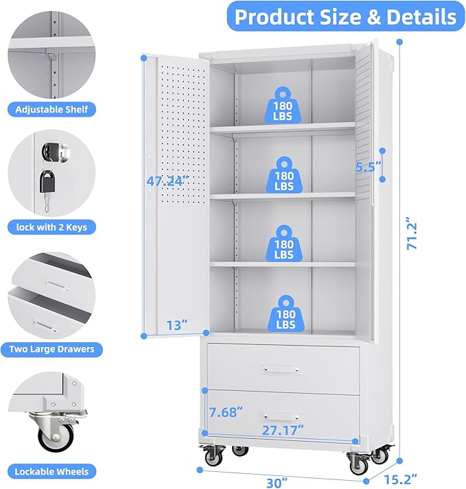 Upgraded Metal Garage Storage Cabinet with Wheels and 2 Drawers, Rolling Tool Cabinet with 3 Shelves and Pegboard Behind The Door for Home Office Garage,Assembly Required,White