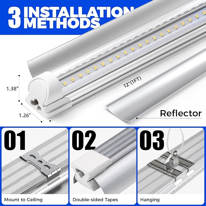 Barrina T8 Grow Lights for Indoor Plants, 5000K White Full Spectrum Grow Light Strip, 60W(4 x 15W), 1FT Plant Light for Greenhouse Indoor Growing, V-Shape with Reflector, Linkable, 4 Packs