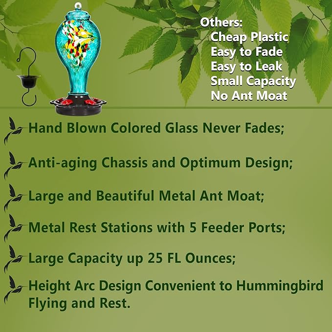 LUJII Hummingbird Feeder for Outdoors, Hand Blown Glass Humming Bird Feeder, Anti Fade Leakproof with 25 Ounces Nectar Capacity, Easy to Install Clean Refill, Include Hook & Ant Moat (Teal)