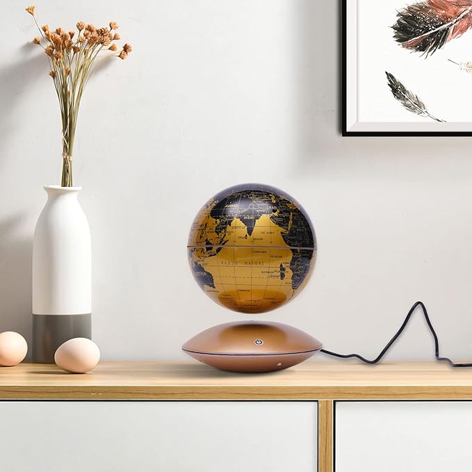 6" Magnetic Levitating Globe, 360°Rotating Geographic Globes Levitating Globes with LED Light Floating Magnetic Levitation Floating Globe for Desk Home Office Classroom Study Room(Gold/Single Color Light)