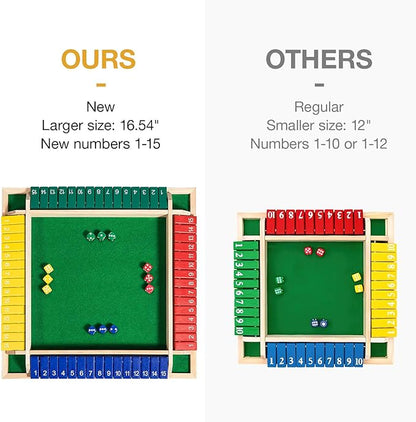 Upgraded 16.54'' Shut The Box Dice Game 4 Player-Colorful Wooden Close The Box Game with 15 Numbers + 16 Dices- Tabletop Math Board Game Kids & Adults