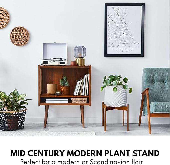 Fox & Fern Mid Century Plant Stand — 14.9 Inch Fixed Size Wooden Plant Stand for Indoor Planters; Extra Large Flower Pot Holder for Indoor Big Pots; Plug In Design; Two Height Options - Acacia