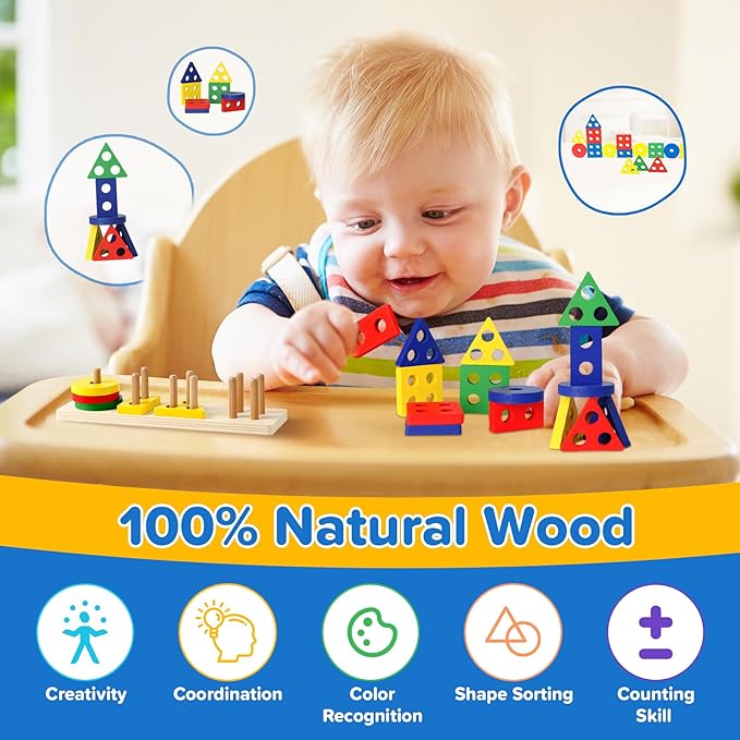 6-in-1 Baby Toys 6 to 12 Months, Montessori Toys for Babies 6-12-18 Months, Infant Teething Toy Stacking Blocks Rings Sensory Bin, Sorting Sensory Educational Learning Gift for Toddlers Aged 1-3