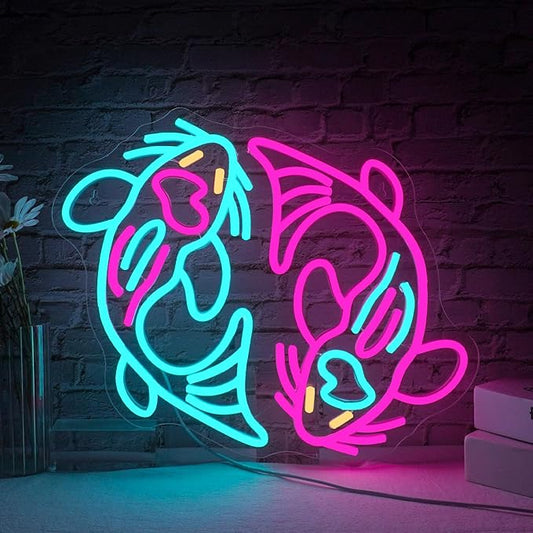 WLHOPE Koi Fish Neon Sign for Wall Decor Koi Carp Neon Light Fish Neon Signs Dimmable Neon Lights Blue Pink Fish LED Light Up Sign for Bedroom Bar Restaurant Office Fishroom Koi Pond