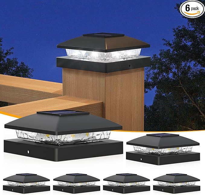 APONUO Solar Post Cap Lights for 4x4 Wood & Vinyl Posts, IP44 Waterproof Cool White LED 4x4 Post Solar Lights, Outdoor Garden Patio Yard Decor, 6 Pack (Black)