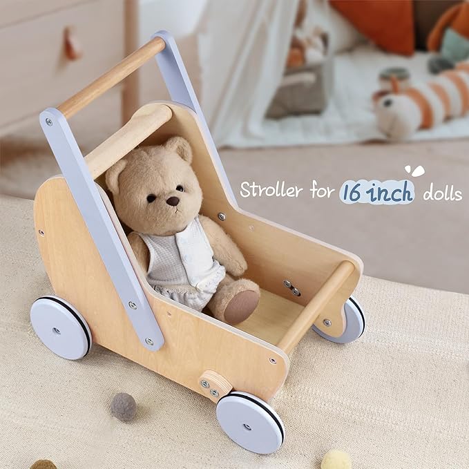 Wooden Baby Doll Pram Stroller, Baby Walker Push and Pull Doll Stroller, Wooden Toy Stroller for Toddler Boys Girls 18 Months and Up