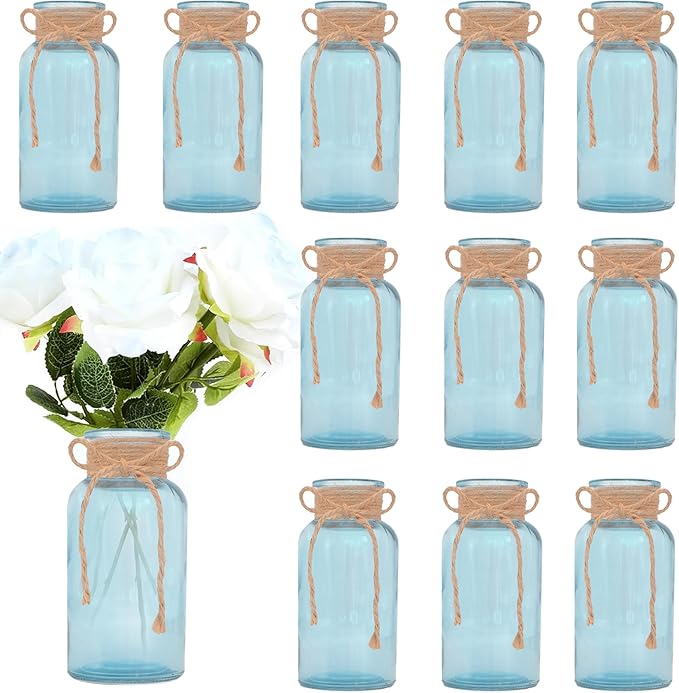 Vintage Glass Flower Vase，12 Pack Blue Farmhouse Glass Centerpiece Vases Mason Jars for Weddings, Parties & Home Decor Bulk (12, Blue)