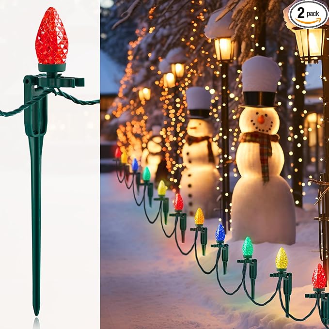 SURAIELEC 2 Pack Christmas Pathway Lights Outdoor, Total 50FT 50 LED C9 Christmas Lights with Stakes, Connectable Ground Lights for Yard, Walkway, Driveway Decor, Multicolored, UL Listed