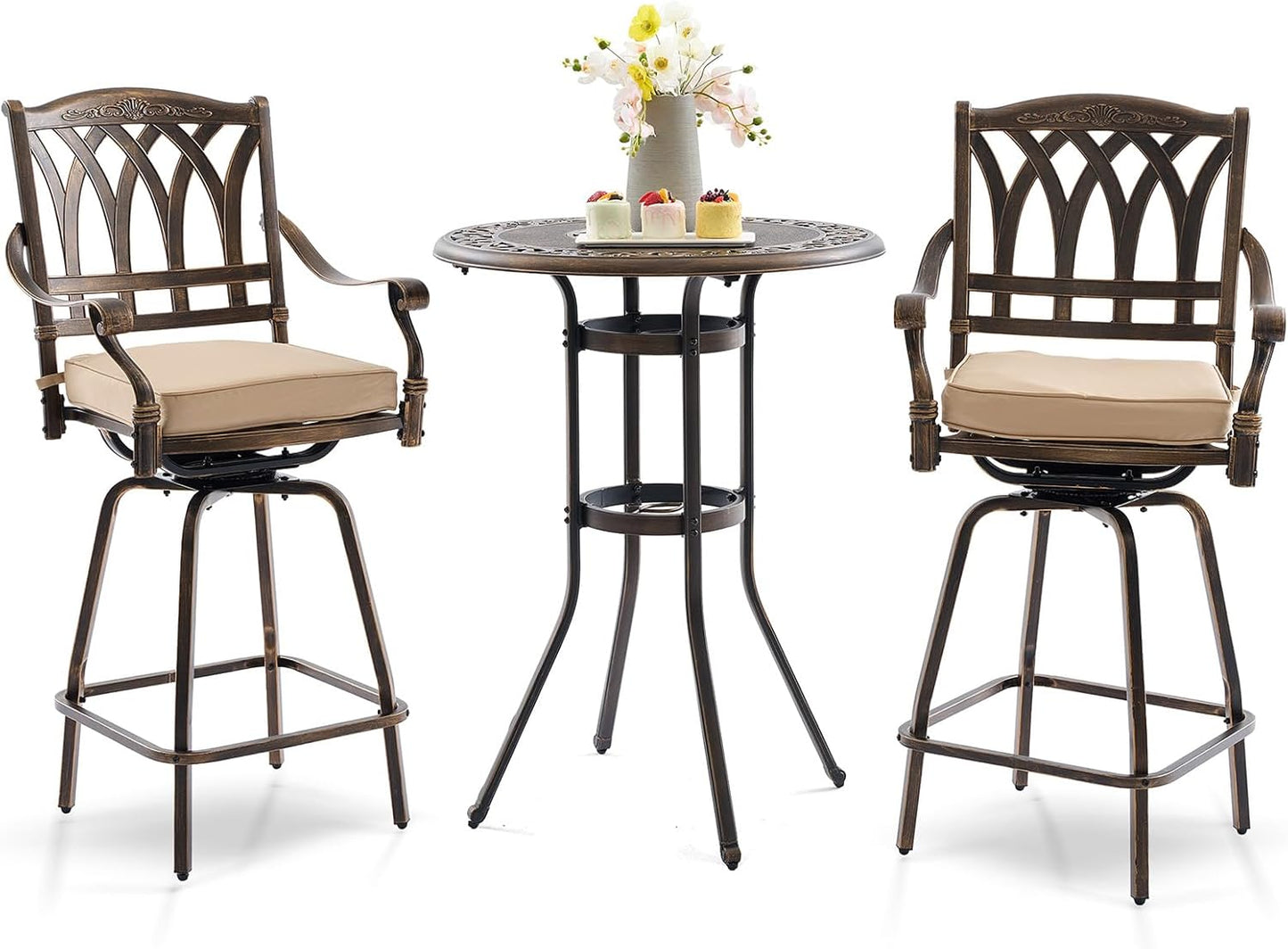 3 Piece Swivel Outdoor Table and Chairs Bar Set , All-Weather Cast Aluminum Outdoor High Top Patio Bar Set Bistro Set, High Swivel Stools with Cushions Umberlla Hole for Balcony, Poolside,Garden,Lawn