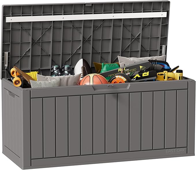 EAST OAK Outdoor Storage Box, 90 Gallon Deck Box, Waterproof Resin Storage Bin for Patio Cushions, Gardening Tools, Lockable, UV Resistant, Grey