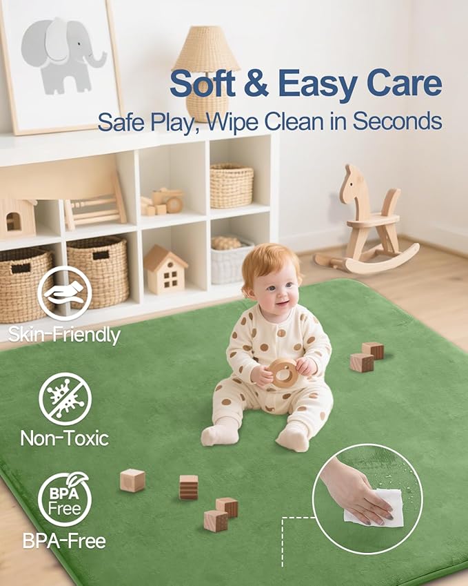 Thick Baby Play Mat for Floor,Padded Foam 50x50 Playpen Mat,Ultra Soft Support&Plush Feel Nursery Rug,Non Slip for Toddler, Infants,Kids Play,Yoga,Baby Crawling,Tummy Time(Green)