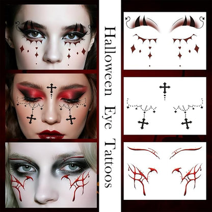 Halloween Bloody Eyeliner Temporary Tattoos for Adults, 16 Pairs Blood Red Eyes Fake Tattoos, Gothic Spooky Designs with Spiders Web, Bats, Skulls, Bloody palm