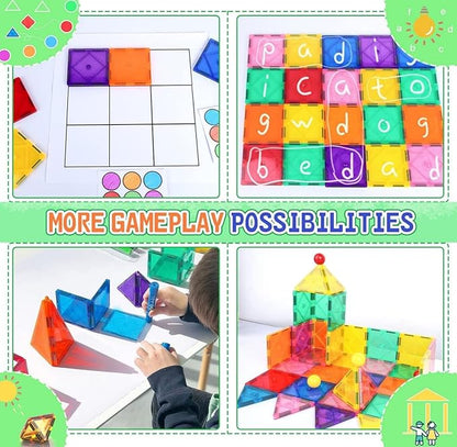 60PCS Kids Magnetic Tiles with 1 Car and 1 Crane - Clear 3D Magnet Blocks Set STEM Stacking Toys - Magnetic Tiles for Kids Ages 3+ - Recreational Conventional Imagination