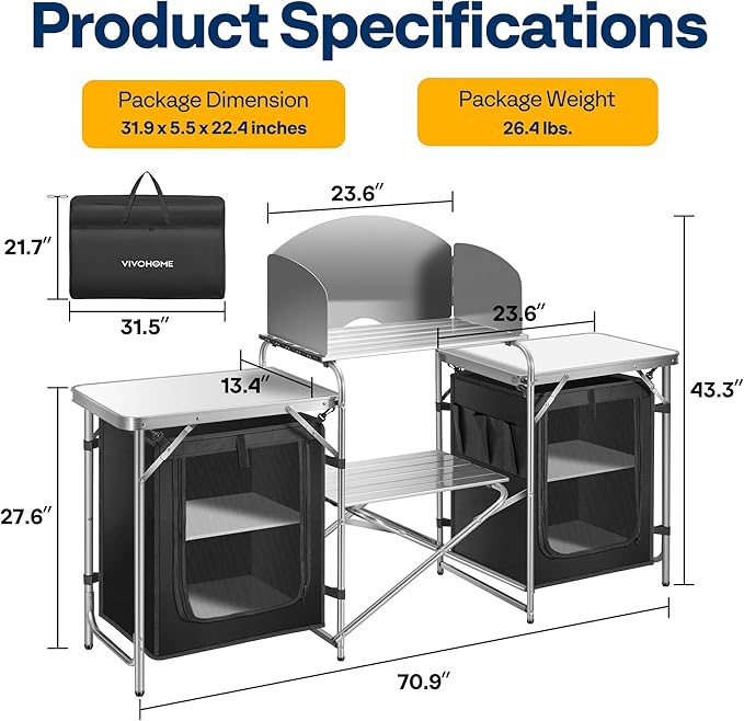 VIVOHOME Folding Camping Kitchen Station Table with Storage Organizer, 2 Side Tables, Stainless Steel Windscreen, Outdoor Portable Cook Station for BBQ, Picnics