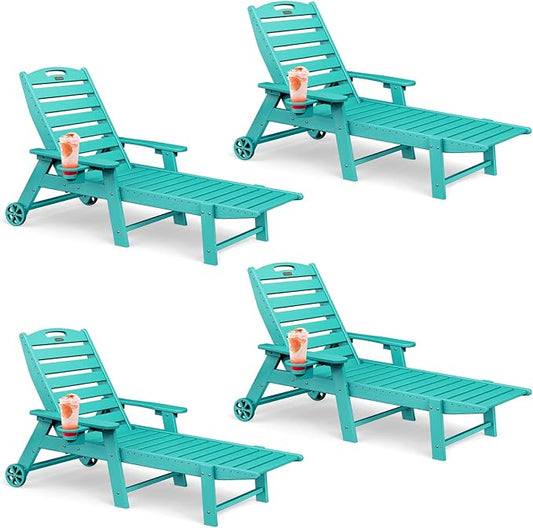 Lounge Chair Outdoor Set of 4 with Wheels, Adjustable 6-Position Chaise Lounge Outdoor, Patio Lounge Chair for Poolside Backyard, Lake Blue