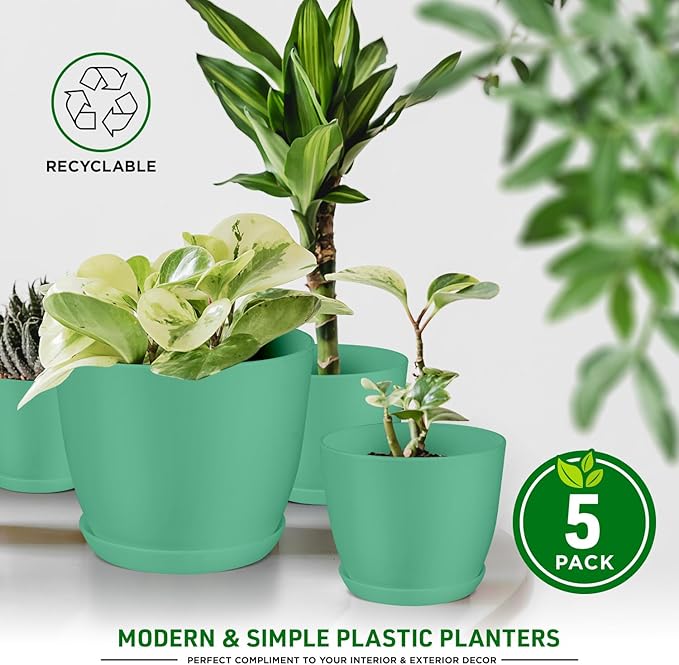 Planter Pots with Drainage Holes - Lightweight, Durable, & Space-Saving Pots for Indoor and Outdoor - Versatile Functionality, Simple Modern Design, Set of 5 Plastic Planter Pots Mint