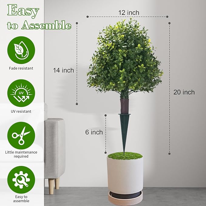 20" Artificial Boxwood Topiary Balls Trees with Ground Spike, 2 Pack UV Resistant Artificial Shrubs, Fake Evergreen Artificial Plant Brush for Indoor Outdoor Front Porch Garden