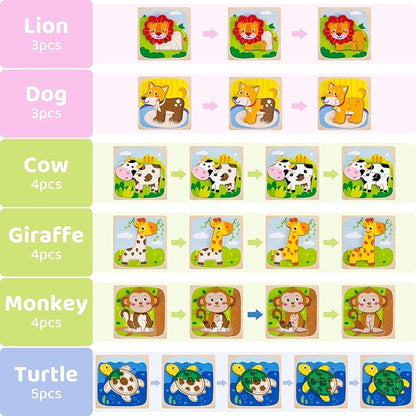 6 Pack Wooden Puzzles for Toddlers 1-3 Years Old - Montessori Toys for 2-Year-Old, Educational Toys with 6 Animal Patterns Puzzles for Boys & Girls Birthday Gift, STEM Educational Learning