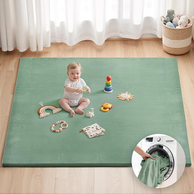 Blissful Diary Ultra Soft Baby Play Mat, 71x59 Extra Large Floor Mat with Removable & Washable Slip-On Cover for Babies and Toddlers, Sage Green