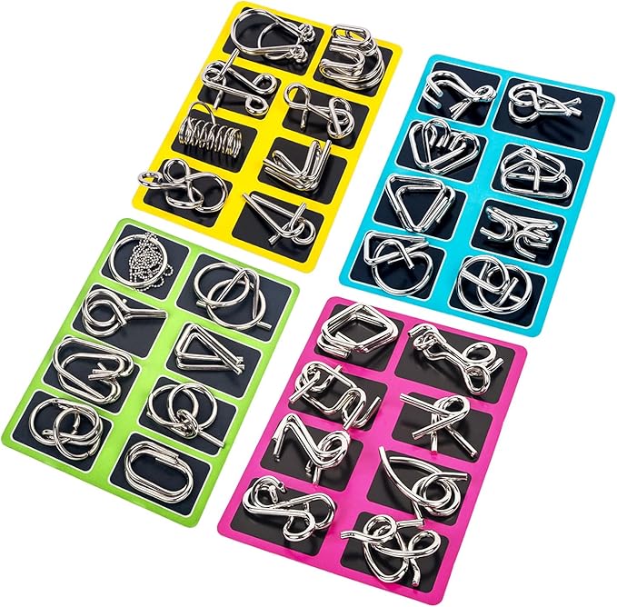 Ahyuan Metal Wire Puzzles Set of 32 with Pouch Large Thick IQ Test Mind Games Toys IQ Toys Brain Teaser Puzzles Metals Wire Puzzle Magic Trick Toy Metal IQ Puzzle Party Favors for Kids Adults (Silver)