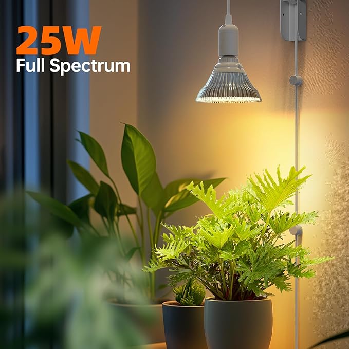 Hanging Grow Light with Wall Mounted Bracket, 25W, 3000K Led Plant Light Bulb, Full Spectrum Pendant Grow Light with Timer, 16.4 FT Power Cord, Decorative Grow Light for Indoor Plant