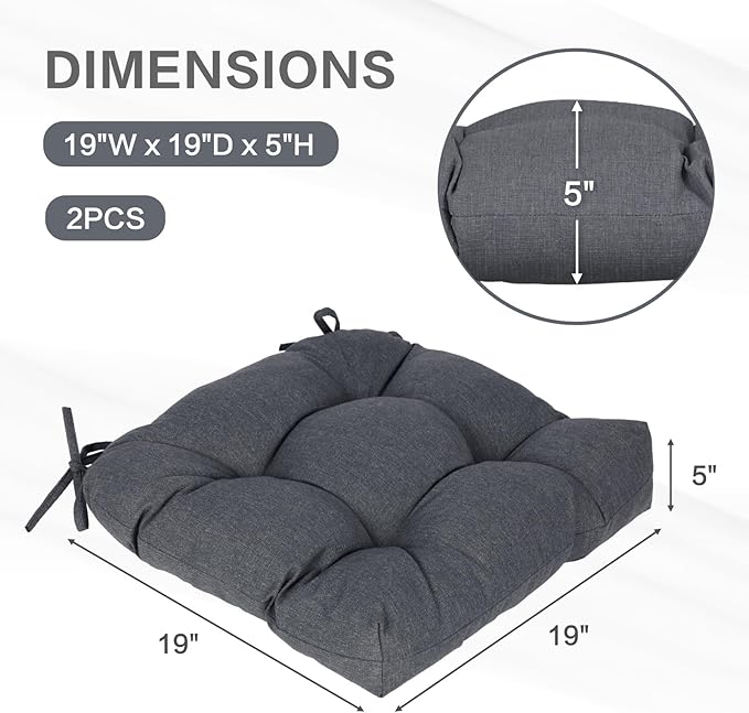 Aoodor 19" x 19" x 5" Tufted Outdoor Chair Cushions, Water Resistant & Fade Resistant Polyester Dining Chair Pads with 2 Straps for Patio Furniture, Set of 2