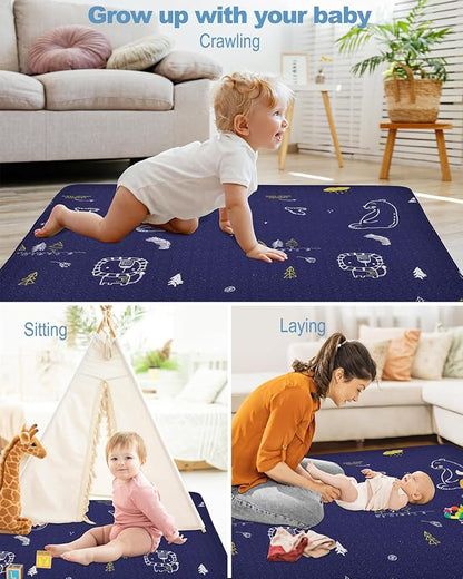 Machine Washable Baby Play Mat 63x43”, Baby Playpen Mat Extra Large, Foldable Baby Play Mats for Infants, Toddler Playing Rug Pad, Non Slip Crawling Mat for Floor Dark blue-bear