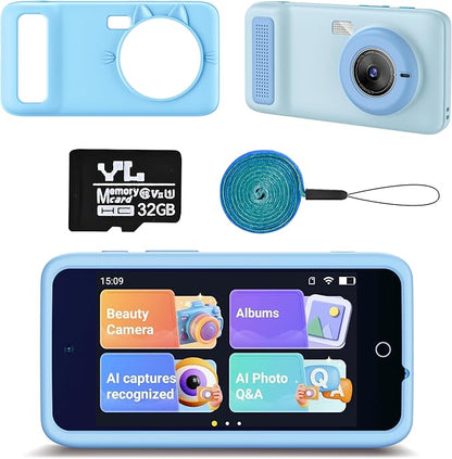 AI Digital Camera for Kids with WiFi for Christmas Birthday Gift for Girls Boys，Touch Screen HD Camera for Home Travel Garden,Kids Toys for 4 5 6 7 8 9 10 11 12 with 32GB SD Card Blue