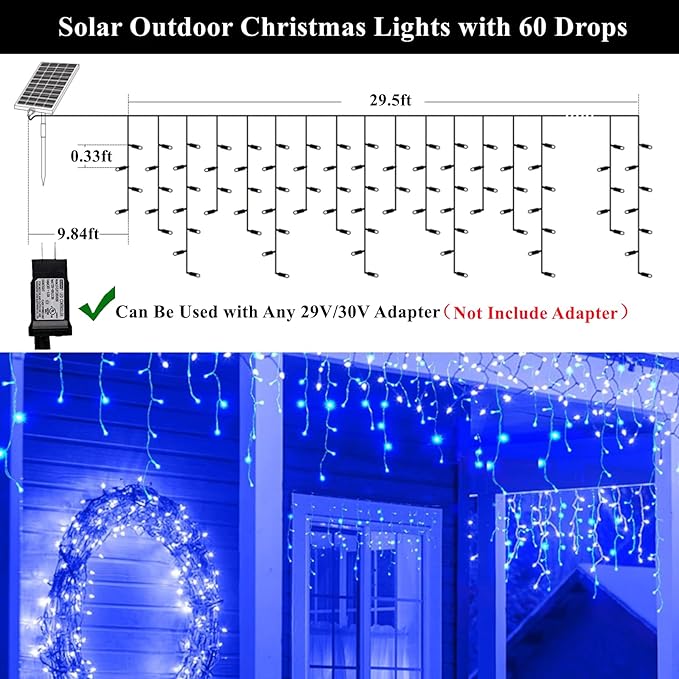 Solar Christmas Lights Outdoor Waterproof Christmas Decorations Curtain Lights 320LED 29.5ft 60 Drops, Solar Powered Rechargeable Fairy Lights for Party, Wedding, Home Decorations(Blue)