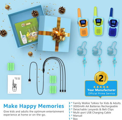 Walkie Talkies for Kids Rechargeable Walkie-Talkie for Adults Long Range FRS 2 Way Radio 3 Pack with Lanyard Battery 4 Miles NOAA USB, Family Toys for 3-12 Year Old Girls Boys Toddlers Camping