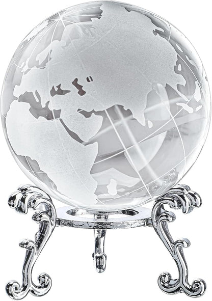 60mm World Globe Crystal Earth Ball Paperweight with Stand Glass Sphere Display Globe Ball Christmas Decor for Home Office Desk