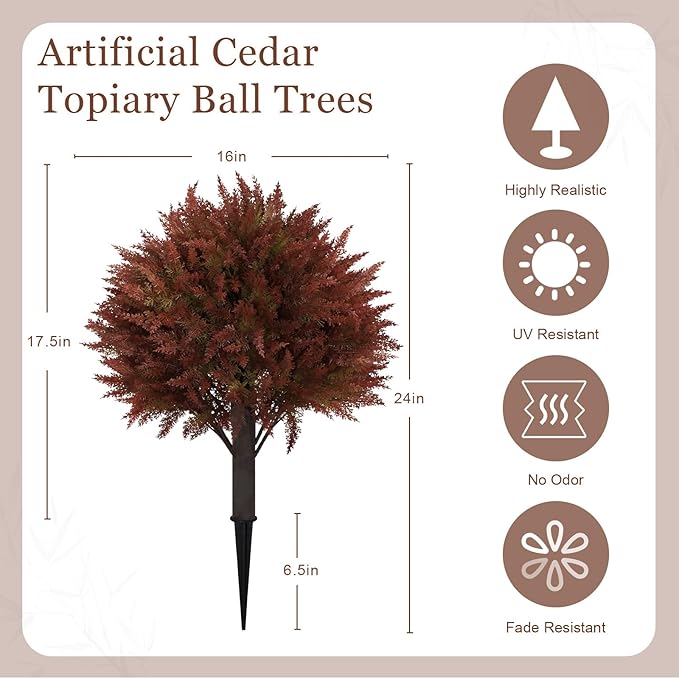 24" Artificial Cedar Topiary Ball Bushes, Set of 2 UV Resistant Fake Trees Outdoor Shrubs with Stake, Weatherproof Faux Plants for Planter, Front Porch, Garden, Yard, Patio Fall Decor