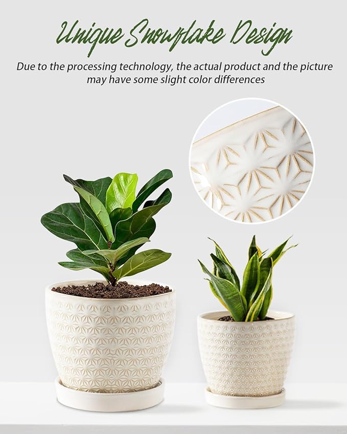 Plant Pots, Flower Pots, Planters for Indoor Plants(6.5+5.5inch), Flower Pots for Indoor Plants with Drainage Hole and Saucer, Ceramic Pots for Plants with Hole Mesh Pad,Reactive Glaze White