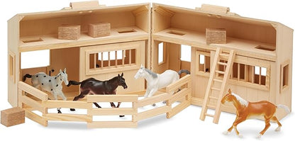 Melissa & Doug Fold and Go Wooden Horse Stable Dollhouse with Handle and Toy Horses (11 pcs)