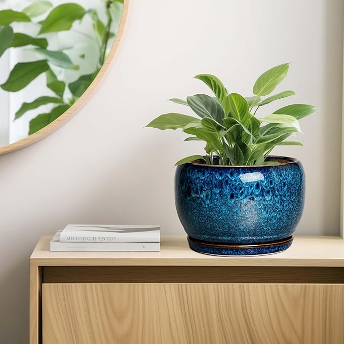 SQOWL 10 Inch Plant Pot - Ceramic Planter Pot with Drainage Hole and Saucer, Decorative Plant Pot for Indoor Outdoor Plants, Round Large Planter Flower Pot, Blue