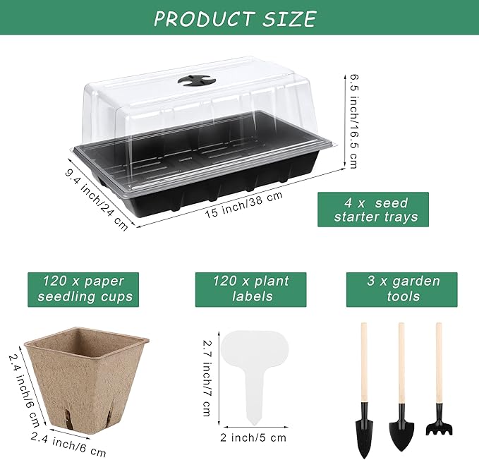 4 Pack Seed Starter Tray Kit, 120 Square Seed Peat Pots for Seedlings with Plants Labels, Planting Tools, Plastic Growing Germination Trays with Lids for Indoor Outdoor Gardening, Black