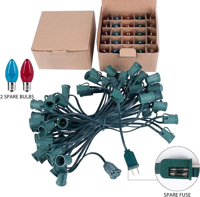 C9 Bulb String Lights Outdoor 50 Feet Multicolored Christmas Lights Green Wire for Outdoor Patio Room Christmas Tree Party Backyard Decoration, E17 Base, 50 +2 Bulbs