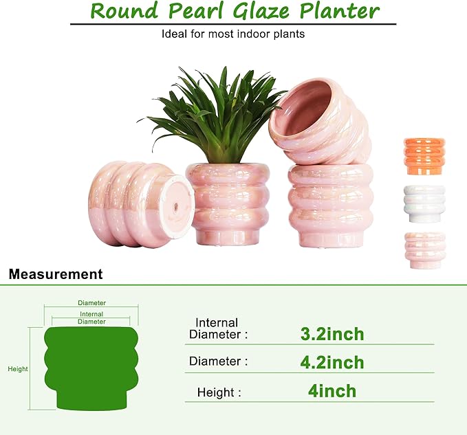 4.1 inch 4 pcs Ceramic Plant Pots for Indoor Plants, Rainbow Pearl Glaze Planter with Planters for Plants with Drainage Hole, Orchid Pots, Succulent Pot, Small Flower Pot (Pink)
