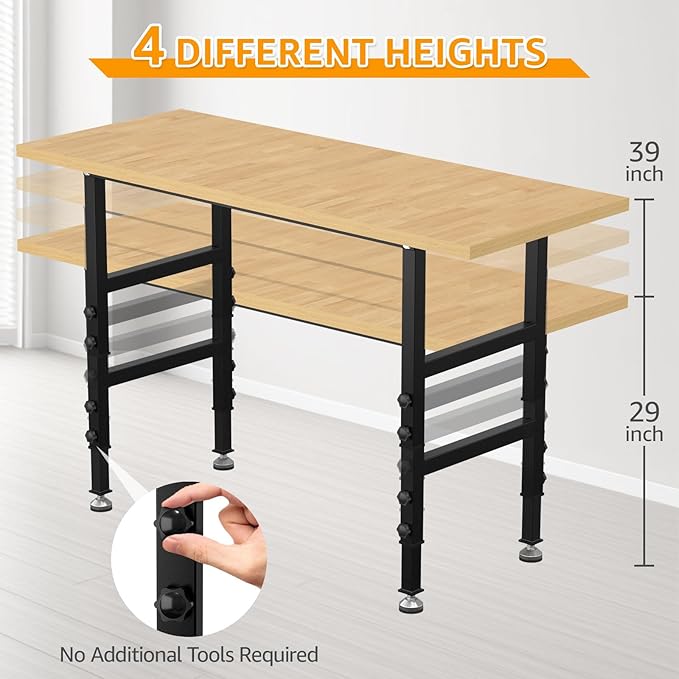 60" Adjustable Workbench,Heavy-Duty Work Table,3000 LBS Load Capacity Particleboard Hardwood Workstation Outlets with Fixed feet,for Workshop, Garage