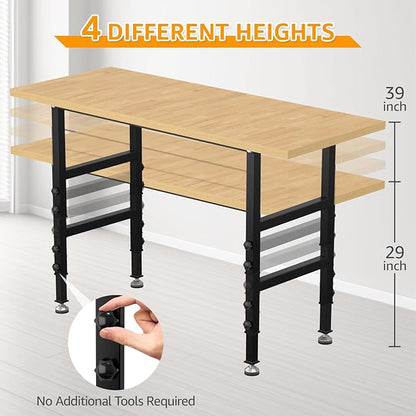 60" Adjustable Workbench,Heavy-Duty Work Table,3000 LBS Load Capacity Particleboard Hardwood Workstation Outlets with Fixed feet,for Workshop, Garage