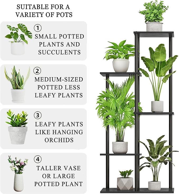 Plant Stand Indoor 5 Tier 6 Potted Metal Wood Plant Shelf, Multiple Flower Pots Corner Tall Plant Holder Stands for Living Room Balcony Bedroom, Black