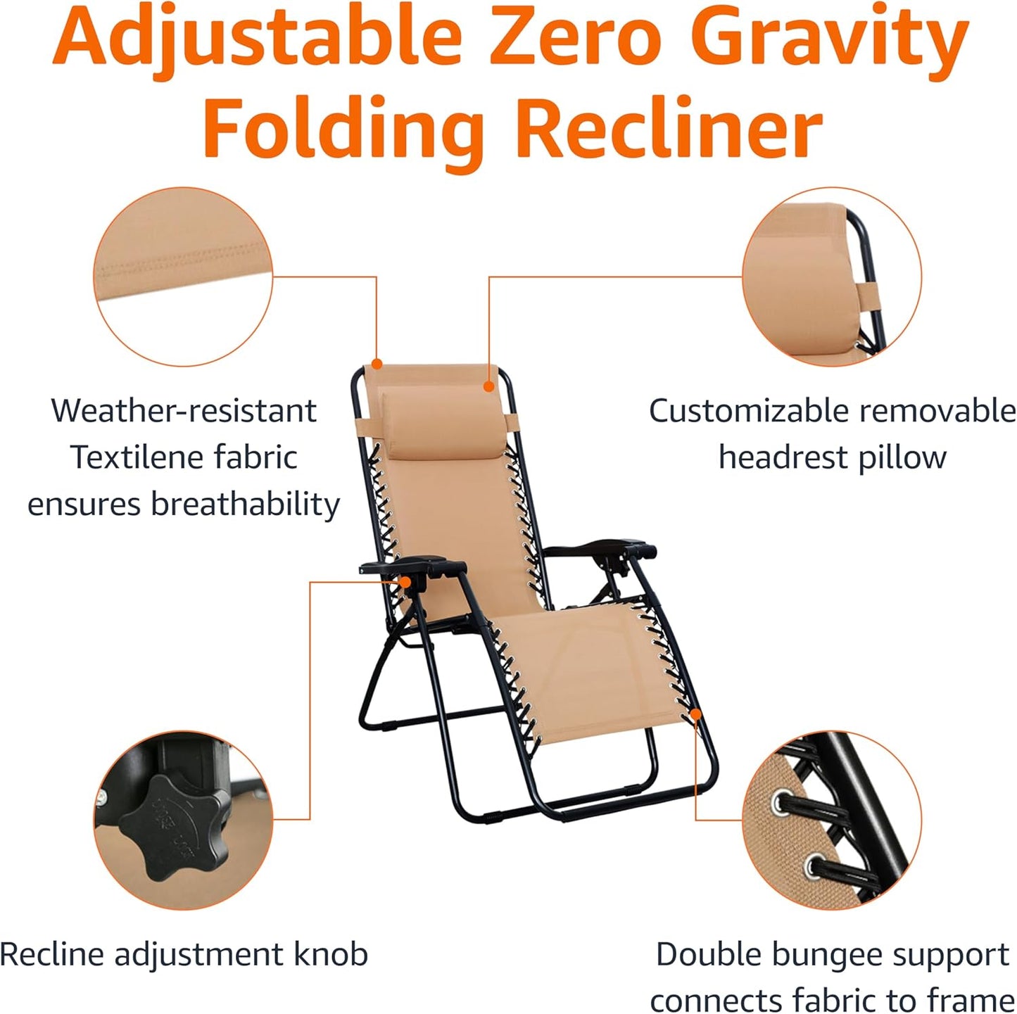 Amazon Basics Outdoor Patio Zero Gravity Lounge Chair with Pillow, Folding Reclining and Textilene Adjustable, Folding Lounge Lawn Chairs for Outside, 26", Beige