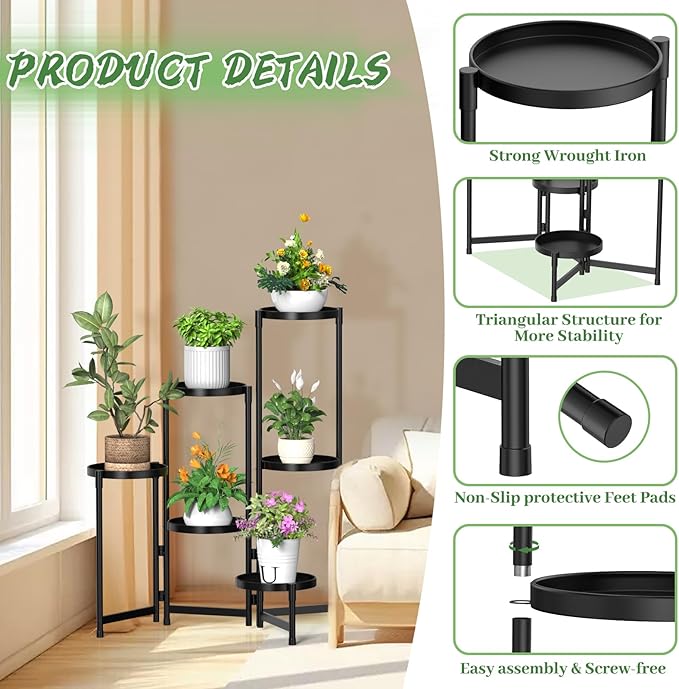 MOKANI Metal Plant Stand Indoor Outdoor for Multiple Plants, 6 Tiered Folding Corner Shelf Tall Flower Pot Holder Display Rack for Patio Living Room Balcony Garden, Black