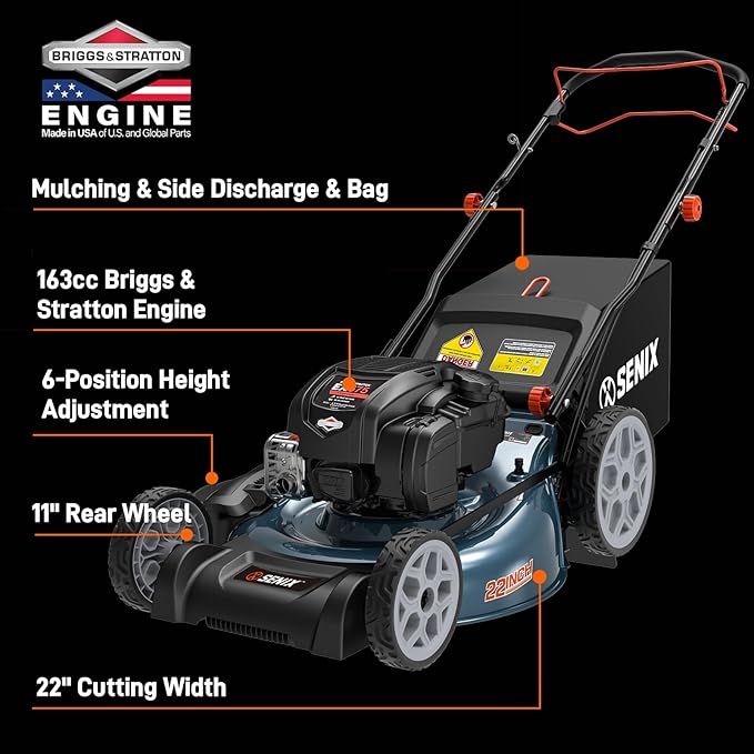 SENIX Gas Lawn Mower, 22" Self Propelled Gas Powered Lawnmower with 163cc B&S 4-Cycle Engine, 3-in-1 Walk-Behind Push Lawn Mower, 6-Position Height Adjustment