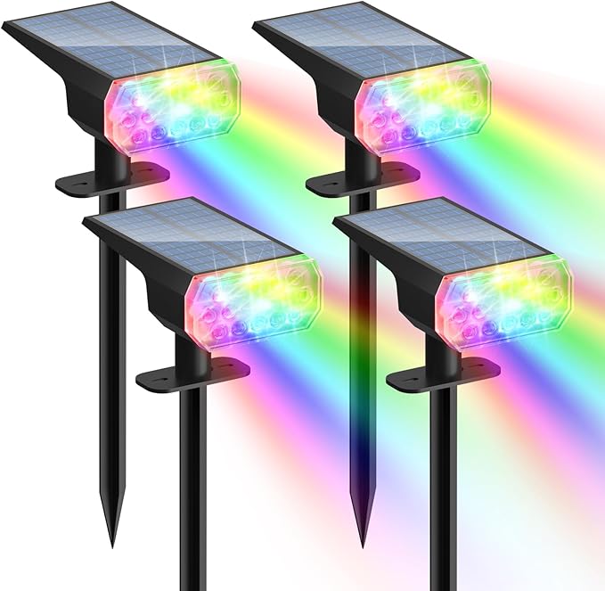 Solar Lights Outdoor Waterproof: IP65 Multicolor Led Spot Light Decorations for Garden - 7 Color Changings Solar Powered for Yard - Dust to Dawn Landscape Lighting Patios Pathway 4PC RGB
