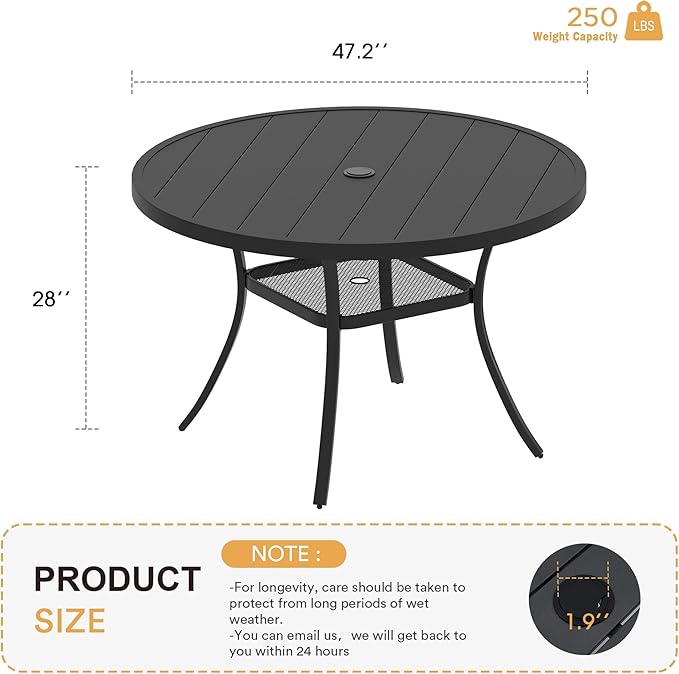 VICLLAX 47.2" Outdoor Round Patio Table for Lawn Garden, All Weather Metal Round Patio Dining Table with Adjustable Umbrella Hole, 6 Person Patio Table, Black Tabletop